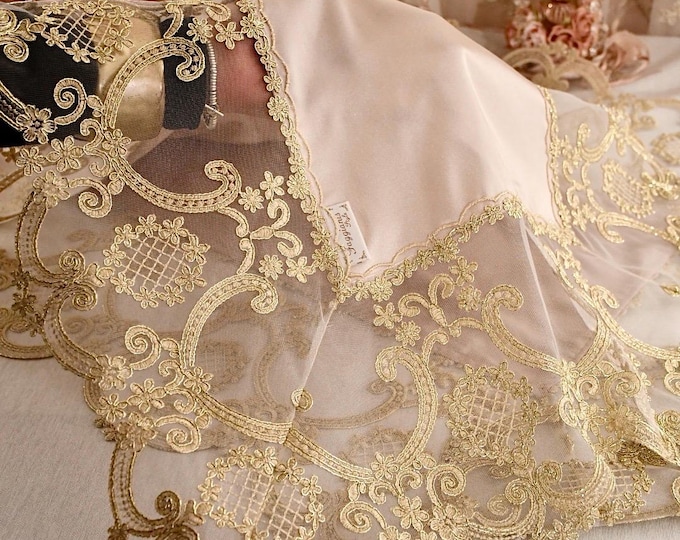 Green/Pink/Champagne Silk Satin Runner with Gold Lace “Renaissance”