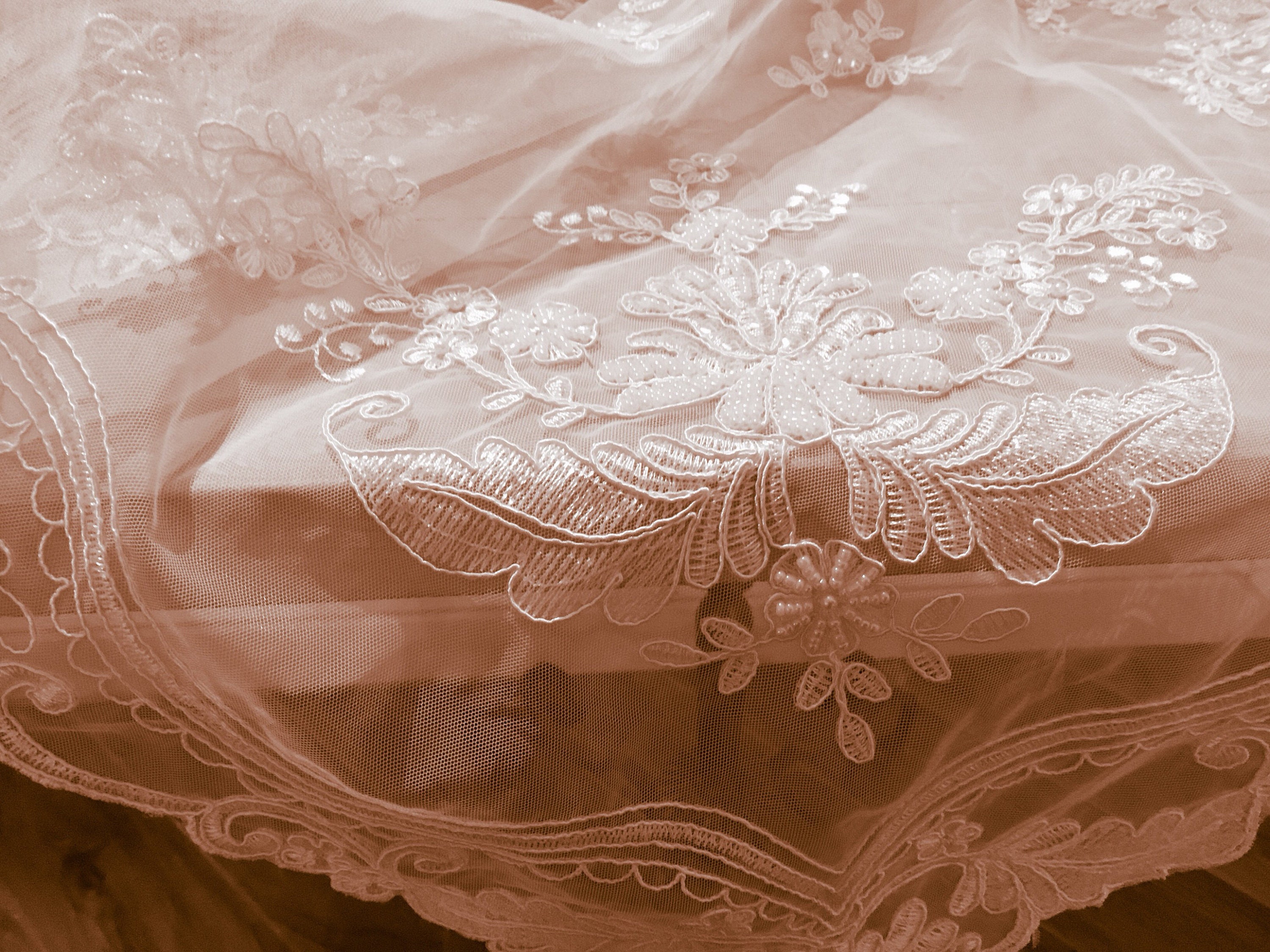 Tulle table cover embroidered with vintage style handmade beads