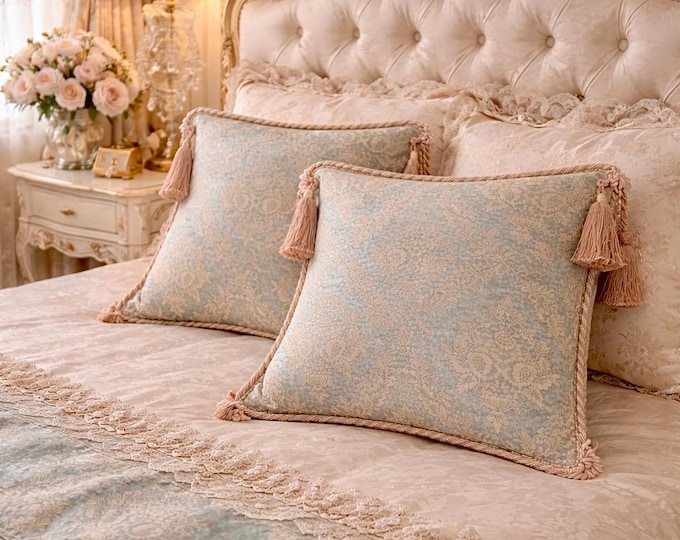 Handmade Italian cotton brocade cushion in light blue or green "Bridgerton Collection"