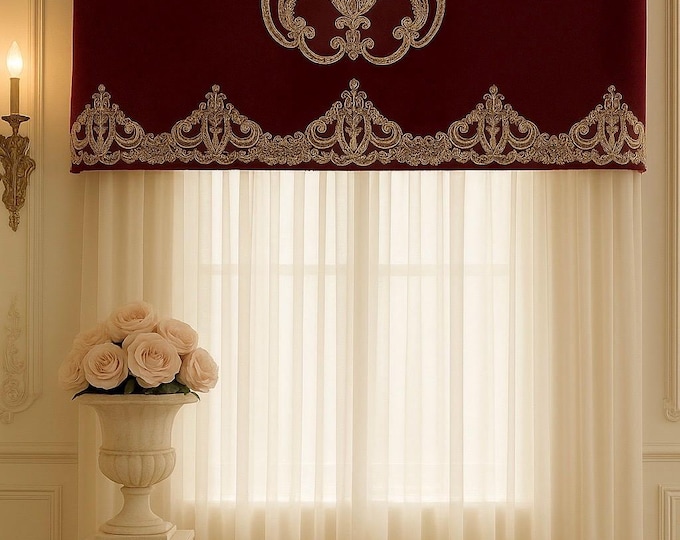 Bordeaux velvet valance, elegant neoclassical style. Handmade in Italy, “Ottocento” collection.