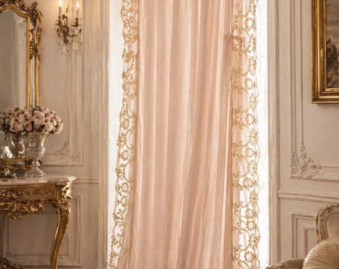 Curtain in pure pink georgette and beige "Rinascimento" lace Made in Italy