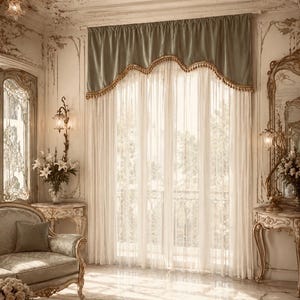 “Aristocratic” Valance in Dark Sage Green Velvet with Trimmings
