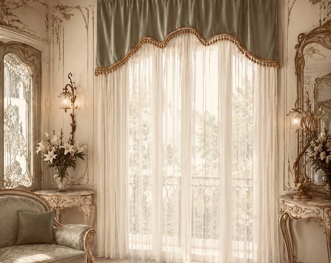“Aristocratic” Valance in Dark Sage Green Velvet with Trimmings