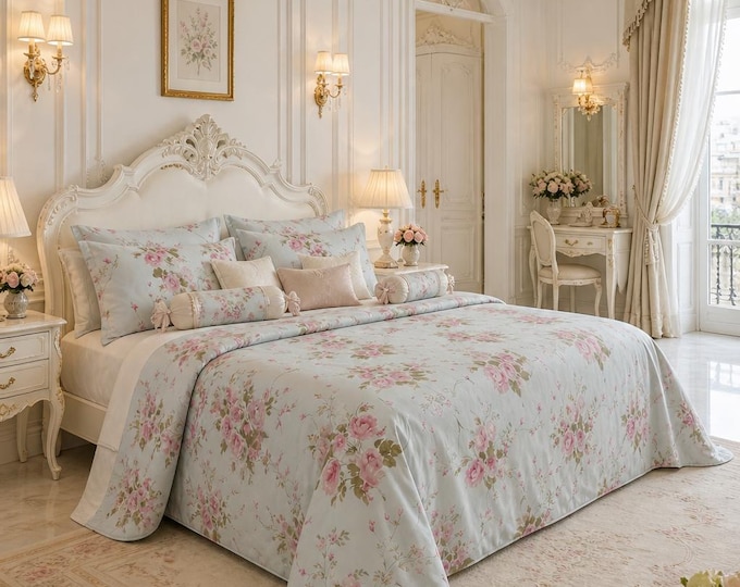 Shabby Chic Blue Bedspread + 2 Pillowcases