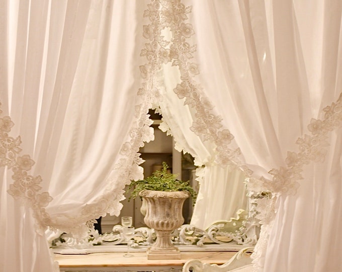 Wonderful pair of white silk and rose vine lace curtains