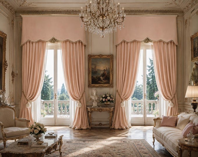 Complete curtain set in pure pink linen and trimmings
