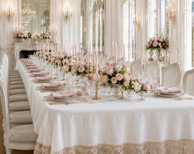 “Memorie d’Atelier” Tablecloth – Pure Stonewashed Natural White Linen and Antique Macramé Lace