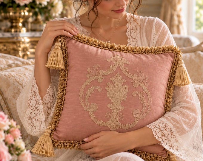 Luxury Antique Pink Cushion with Renaissance Coat of Arms – Flamed Sateen, Golden Beige Lace, Gold Trimmings and Bows – Handmade