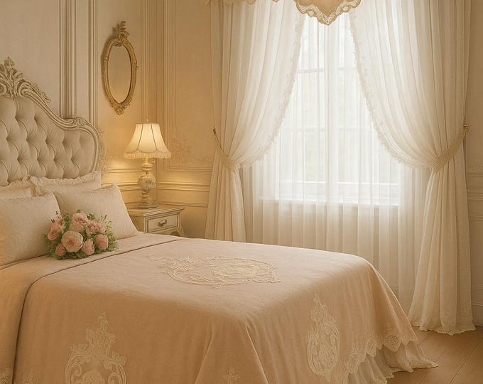 Double Bedspread in Organic Cotton with Handmade Italian Lace Romantic Shabbychic Style