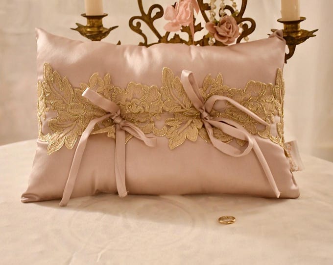 Pink Silk and Gold Precious Lace Wedding Ring Pillow