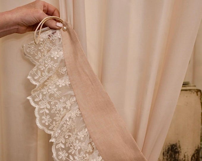 Antique pink linen and cream rebrodé lace curtain tieback - Timeless elegance