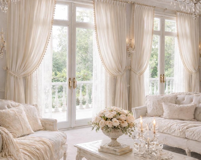 Pair of pure white Italian georgette curtains with precious trimmings
