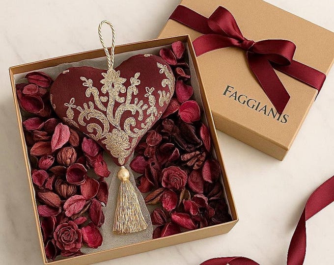 Burgundy velvet heart with beige lace decorations