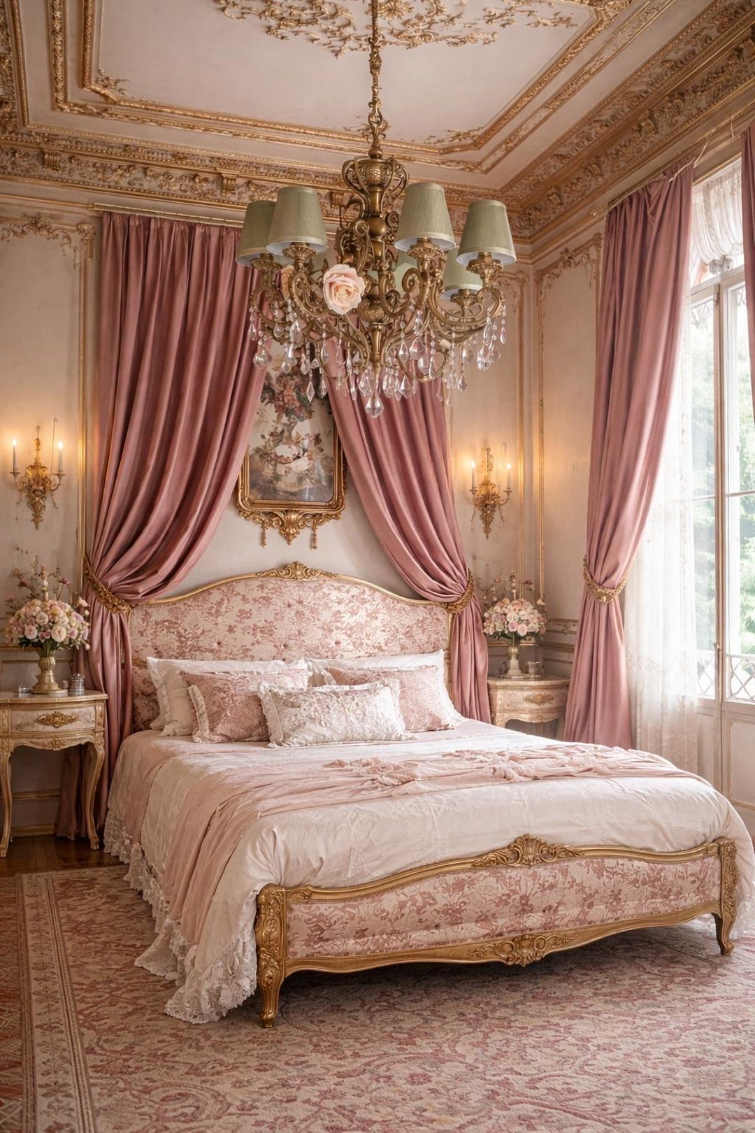 Bagaille Curtain ★ PINK Pair of Antique Pink Flamed Satin Curtains With Gold Trim – “il