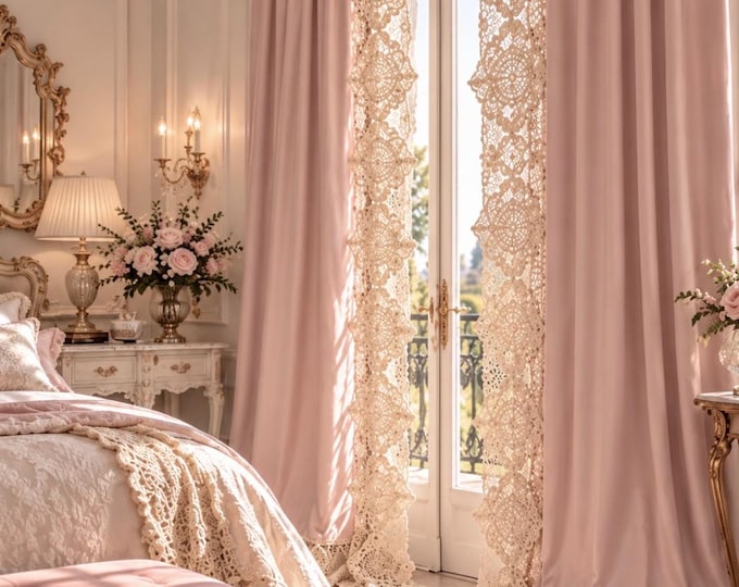 Coppia tende in georgette corposa rosa cipria con pizzo macramé Giardino Reale – Sartoria italiana Faggianis