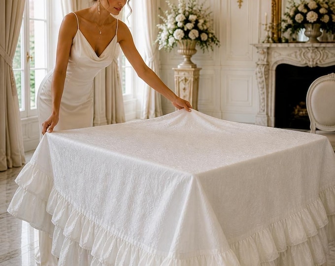 Shabby chic tablecloth with all-white taffeta voile