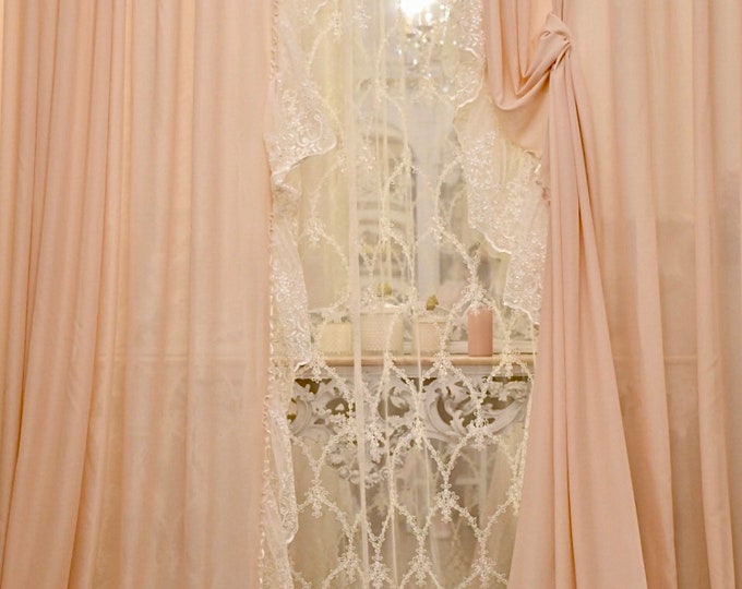 Curtain set in pink georgette and precious Italian lace “Annette”