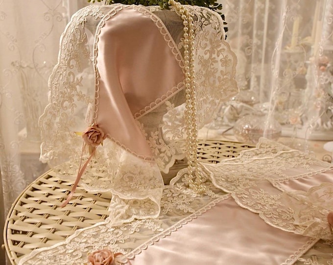 Trio in Pink Italian Silk Satin and Ivory Lace “Eloide - Elegance for Dressers and Nightstands