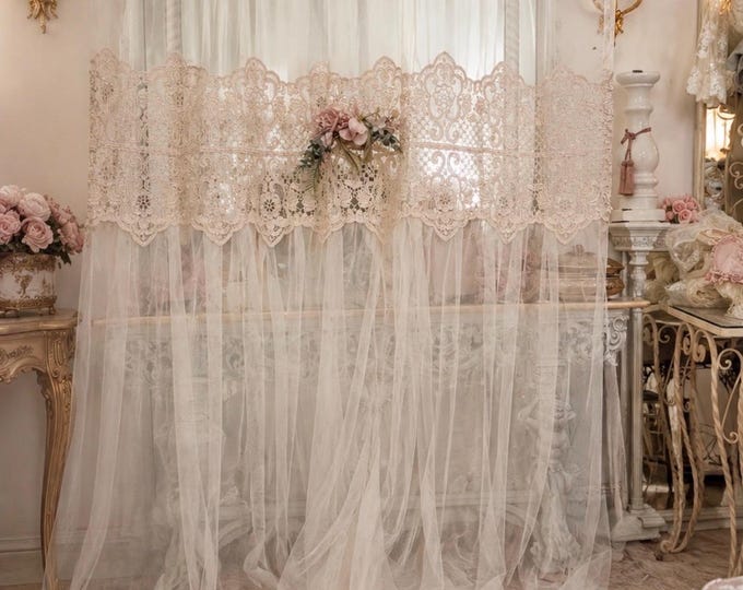 Amber tulle curtain with antique beige macramé lace, curtain with gathered skirt, “Le Trasparenze” Collection