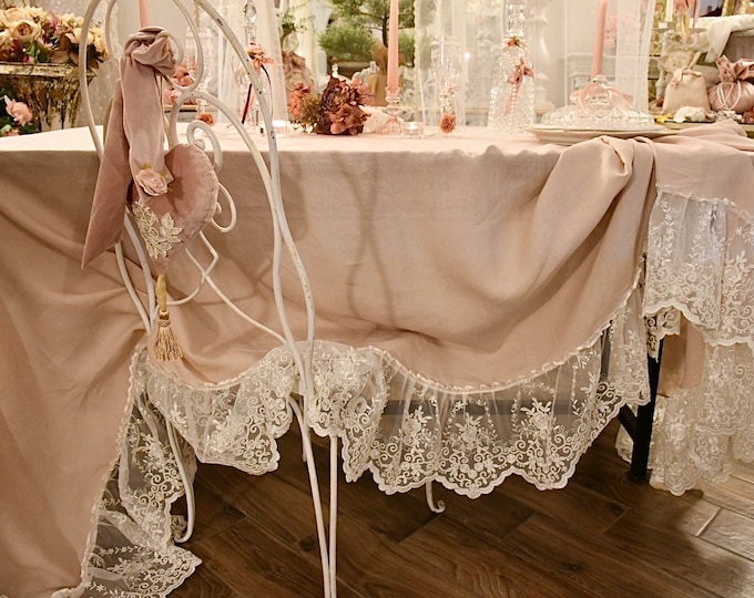 Linen tablecloth/table cover and ivory rebrodé lace