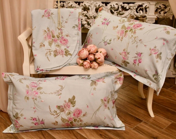 Shabby Chic Blue Bedspread + 2 Pillowcases