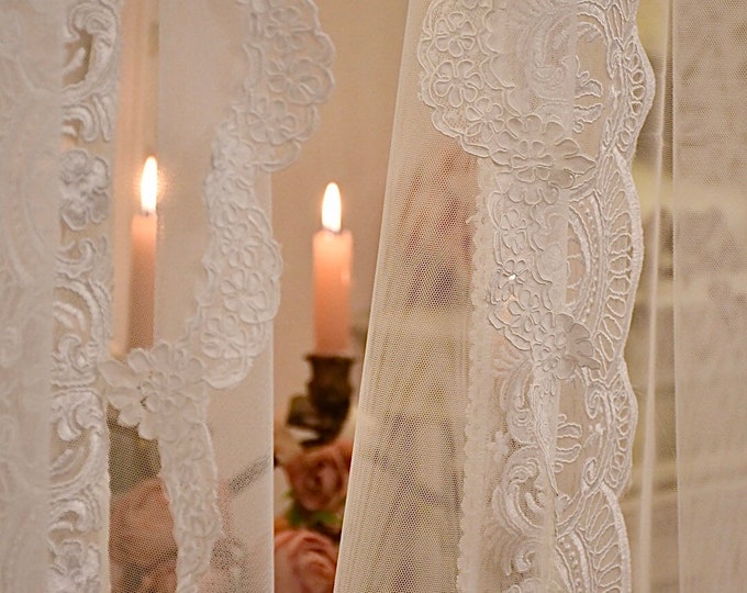 Pair of bridal tulle curtains with “Maria Regina” lace