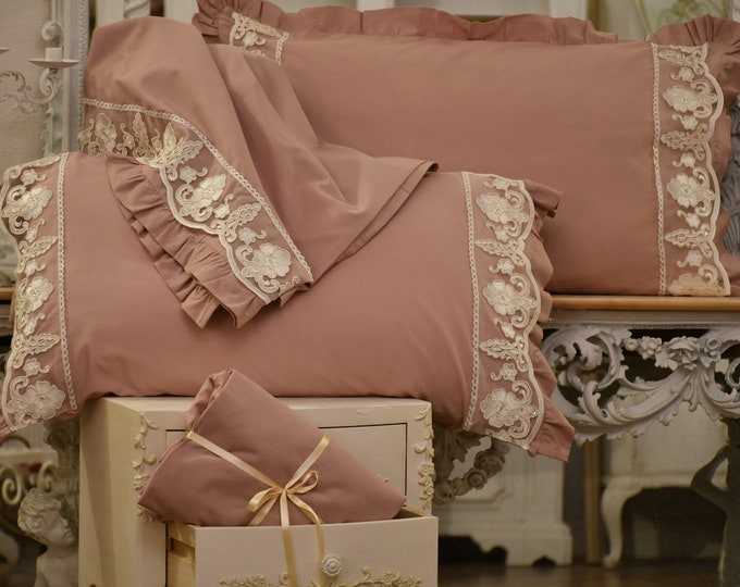 Pure pink cotton bed set and fine lace "MARIA CATERINA" collection