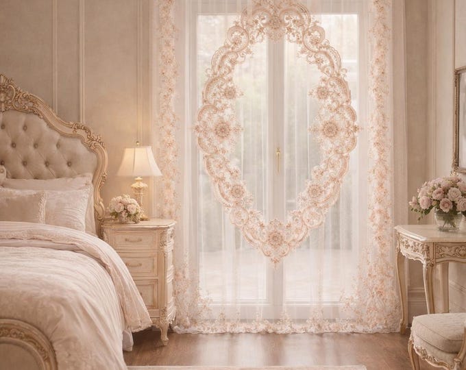 Pannello tenda in tulle ricamato con medaglione centrale e pizzo su tre lati collezione “Bridgerton”