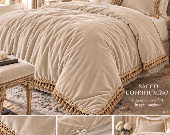 Luxury velvet duvet cover, bed set with antique gold trim, handmade in Italy. Italian Luxury