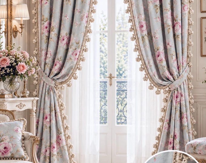 Pure blue cotton floral curtains with painted flowers, handcrafted in Italy, with a simple finish or trimmings