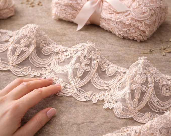 Light Beige Rebrodé Lace with Elegant Embroidery and Gold, Bronze, and Pink Threads – Couture Trimmings for Furniture and Clothing