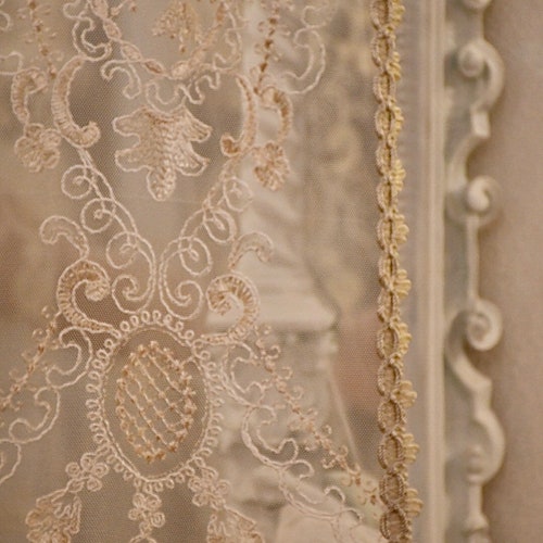 Shops Embroidered tulle curtain panel with trimmings braid 