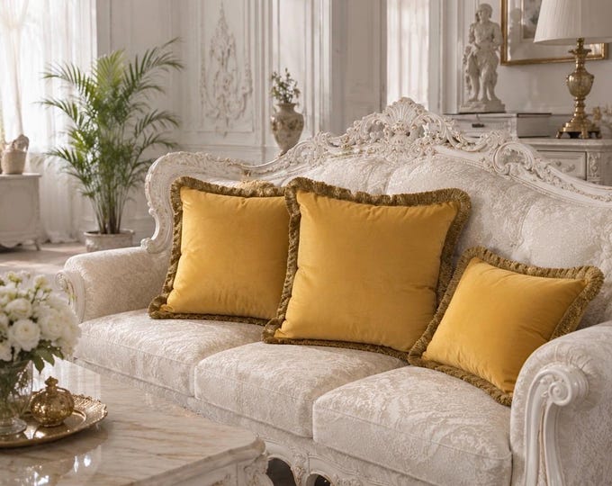 Baroque Style Gold Velvet Pillows with Gold Toothbrush Trim | Luxury Decorative Pillow Covers