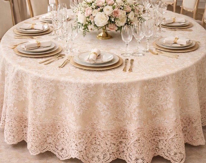 Ivory-Beige Brocade Tablecloth with Antique Lace – Sartorial Elegance in the Early Twentieth Century Style