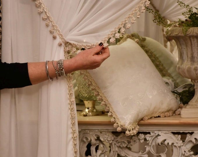 Pair of pure white Italian georgette curtains with precious trimmings