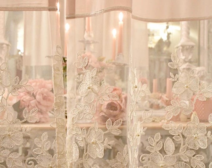 Romantic Sheer lace Curtain Panel -Georgette and Embroidered Beige Lace -Handmade Italian Window Treatment -Shabbychic Style