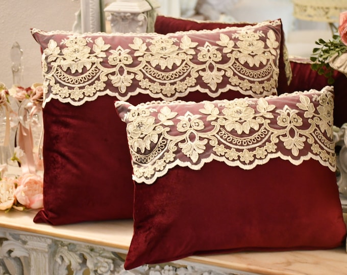 Wonderful burgundy cushion and “Claire” lace