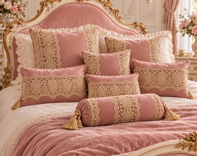 Antique Pink Cushion in Slub Cotton Satin with Royal Garden Lace in Beige and Gold Lurex | Luxury Tailored Cushion Made in Italy
