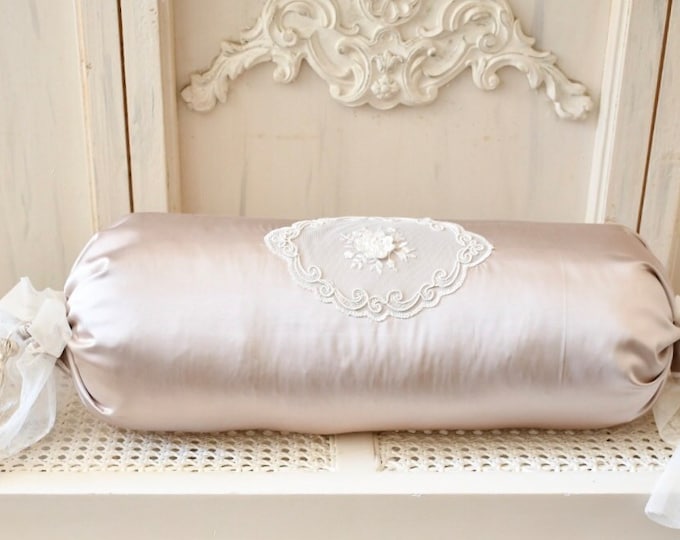 Luxury cylindrical cushion in silk satin and fine lace