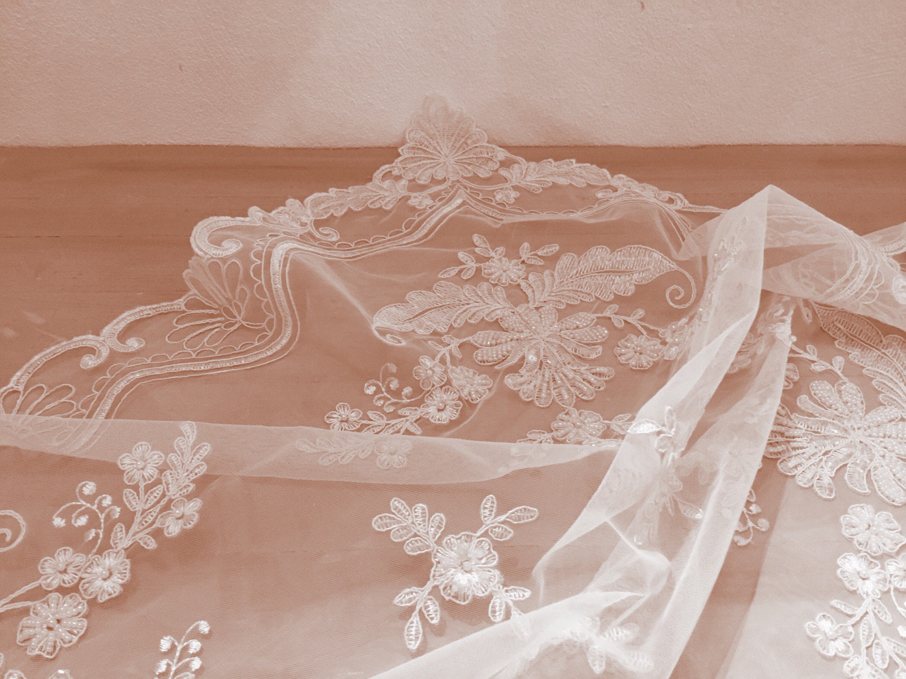 Tulle table cover embroidered with vintage style handmade beads