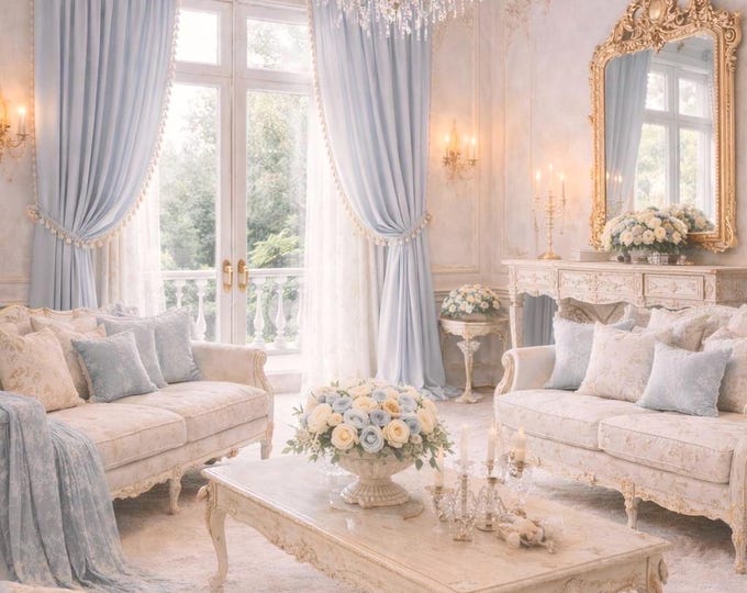 Pair of pure Italian georgette curtains in powder blue with precious trimmings