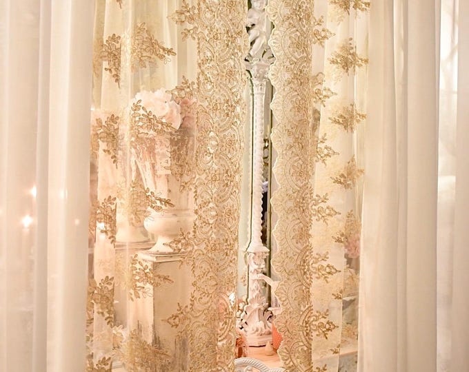 Pair of Romantic curtains in cream georgette and pearl beige “Greta” lace -