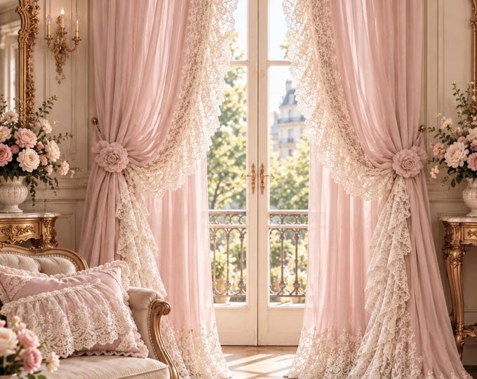Tende Romantiche Rosa Cipria in Georgette  con Pizzo Ricamato bianco perle “ Roseto Reale “ Tende Eleganti Shabby Chic