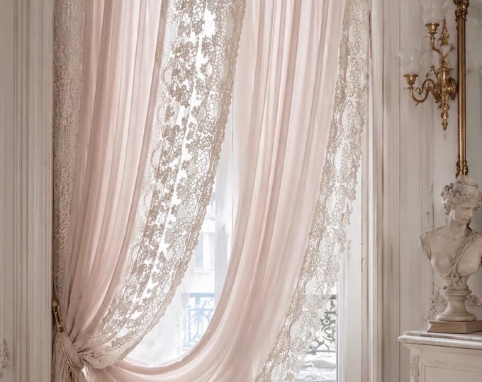 Antique Pink Georgette Curtain and Fine Rebrodè Lace