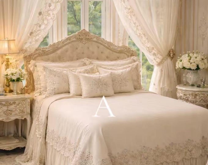Extra luxury pure linen bedspread with ivory rebrodè lace and blue embroidery, luxury linen bedspread with matching cushions.