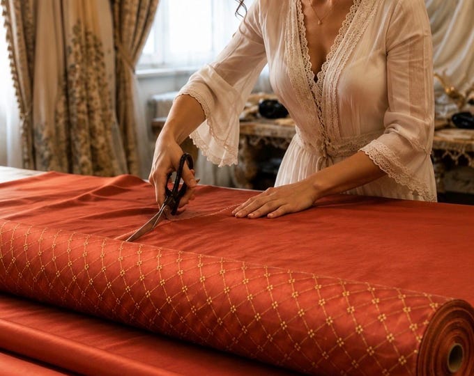 Luxury light coral red and gold damask fabric from the “Royal Style” collection.