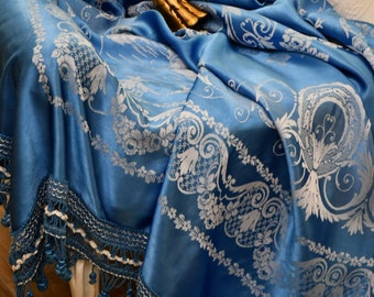 Wonderful Antique Blue Silk Bedspread with White Designs and Trimmings from the 20th Century Italian