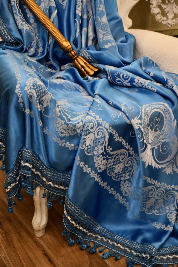 Wonderful Antique Blue Silk Bedspread With White Designs and Etsy