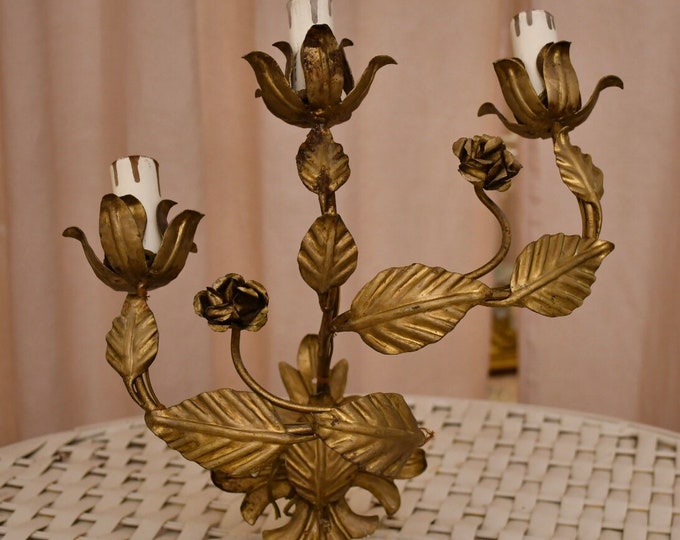 Gorgeous 3-light wall lamp in hand-wrought iron from the 20th century, gold and bronze