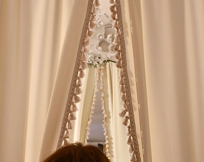Pair of luxury beige cashmere georgette curtains with trimmings – Faggianis Italian Haute Couture